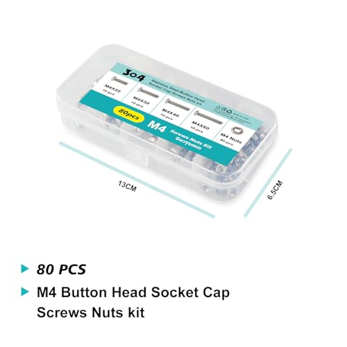 M4 x 20mm 30mm 40mm 50mm Button Head Socket Cap Screws Bolts and Nuts, Stainless Steel 304, Bright Finish, Metric Allen Hex Drive, Fully Thread, Assortment Kit 80PCS - size: Button M4x20-50mm+Nuts
