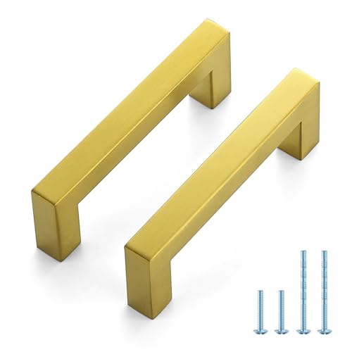 JOY DECOR Gold Cabinet Handles Square Cabinet Pulls, 3-1/2 Inch CC, 10 Pack - size: 3-1/2 Inch Hole Center
