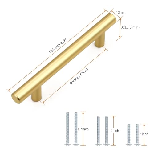 Probrico 30 Pack Hole Centers (90mm) 3.5inch Gold Kitchen Cabinet Handles Stainless Steel Polished Gold Cabinet Pulls Round T Bar Pull Handle for Cabinets and Drawers Total Length 6inch(150mm) - color: Gold, size: Hole Centers: 3-1/2"