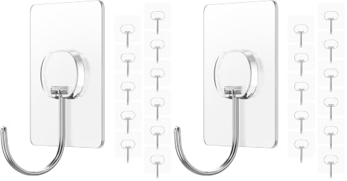 JINSHUNFA Adhesive Wall Hooks 13LB Heavy Duty No Drill Large Transparent Waterproof Hooks for Bathroom Kitchen Towel Coat 24 Pack - color: Clear, size: Large 24 Pcs