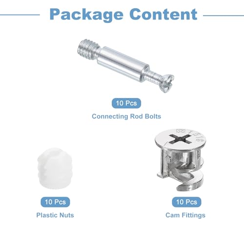 uxcell 10Set 15x14mm Furniture Cam Lock Fitting with 5.8x32mm Dowel Fasteners, 3-in-1 Metal Furniture Board Connecting Screws Bolts Assortment Kit for Cabinets Chairs Drawer - size: 5.8 x 32mm