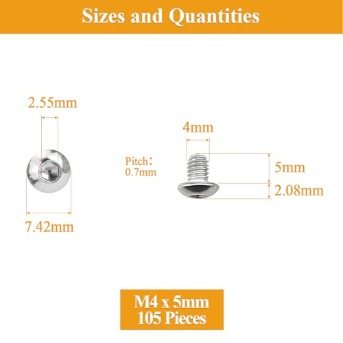 105 Pieces M4 x 5mm Button Head Socket Cap Screws, Thread Pitch 0.7mm, Sutemribor M4 Screws, 304 Stainless Steel, Fully Threaded, Silver - size: M4 x 5mm, style: Button Head