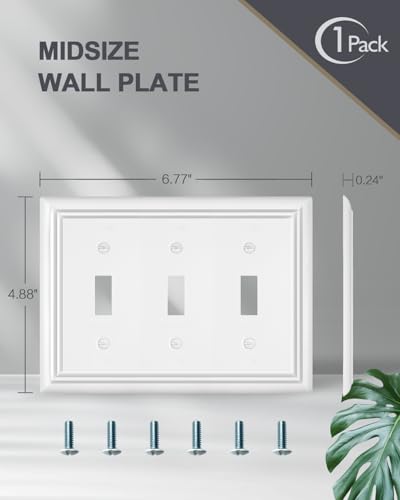 Switch Plates Outlet Covers, 1-Pack Metal Wall Plate, Pure White - color: Pure White, size: 3 Toggle 1PK