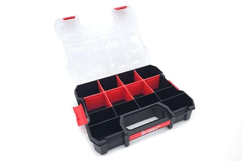 Taytools 14 Compartment Medium Parts Organizer Box - Dual Latch Portable Tool Box with Removeable Dividers for Storing Hardware, Screws, Bolts, Nails, Beads or Jewely