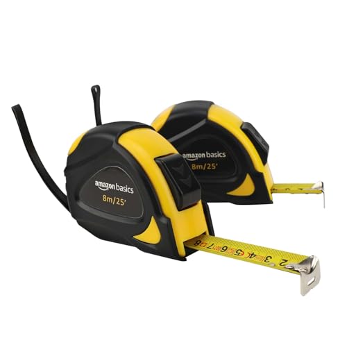 Amazon Basics Self-Locking Tape Measure, 25ft (8-meters), Accurate Dual Scale inch/metric, MID Accuracy, Extendable, 2-Pack, Yellow - color: Yellow, size: 7.6 m