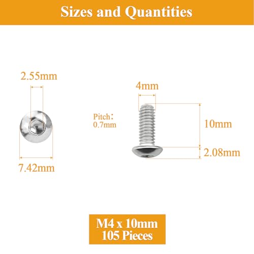 105 Pieces M4 x 10mm Button Head Socket Cap Screws, Thread Pitch 0.7mm, Sutemribor M4 Screws, 304 Stainless Steel, Fully Threaded, Silver - size: M4 x 10mm, style: Button Head