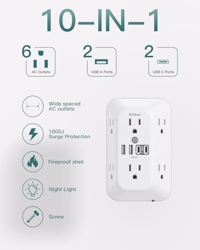 Addtam Surge Protector, 6 Outlet Extender with Night Light and 4 USB Ports | Multi Plug Wall Outlet, Electrical Outlet Splitter, 3-Sided 1800J Power Strip for Home/Dorm/RV, All-in-one, Easy to Install