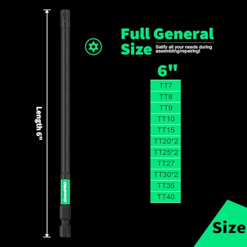 GRENPRO 6" Torx Bit Set 14pc TT7-TT40, S2 Steel Magnetic Screwdriver Bits - size: T7-T40(6"*14pcs)