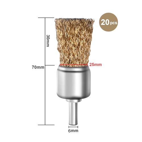 ATOPLEE 20pcs Brass Coated Wire Brush Wheel & Cup Brush Set with 1/4 Inch Round Shank,Diameter 1''(25mm) Crimped Wire Brush Wheel for Rust Removal, Corrosion and Scrub Surfaces,for Drill Attachment - style: 25mm,20pcs