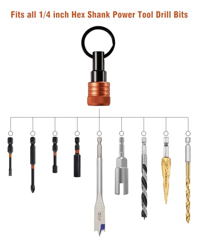 Bit Holder Keychain 12 Pcs, 1/4-Inch Hex Shank, Quick Release, Orange - color: Orange