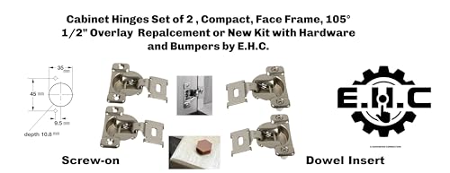 E.H.C. Cabinet Hinges, Face Frame, 105° Opening, 1/2" Overlay, Compact, Self-Close Nickel Finish, Set of 2 with Hardware and Bumpers (Dowel) - style: Dowel