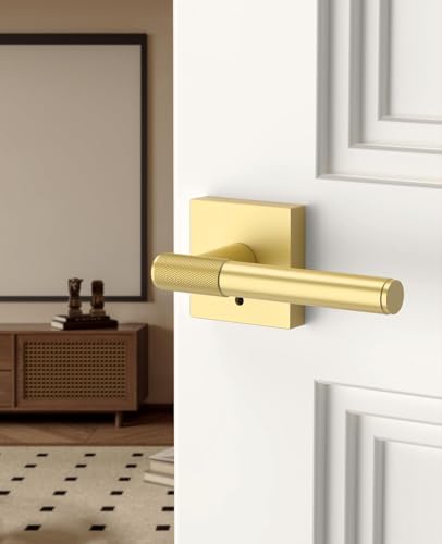 Asidrama 4 Pack Gold Privacy Interior Door Handles | Thumb-Turn Privacy Lock,Fits 1-3/8"-1-3/4" Doors,Adj. 2-3/8"-2-3/4" Latch,Heavy-duty Zinc,Easy DIY Setup - color: Brushed Gold