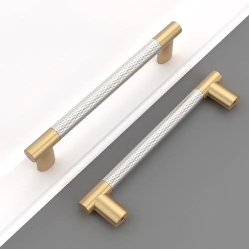 Gold & Nickel Knurled Cabinet Handles Kitchen Pulls 5 Inch 10 Pack - color: Gold and Nickel, size: 5" Hole Center