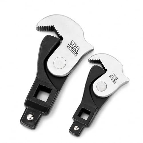 Steel Vision 2pc Crowfoot Wrench Set, Self-Adjusting Spring Jaws, 3/8" & 1/2" Drive, 8–32mm, Serrated Grip, Automotive & Plumbing Tool, Heavy-Duty for Tight Spaces, Replaces Open-End or Pipe Wrench - size: 2pc (8-32mm)