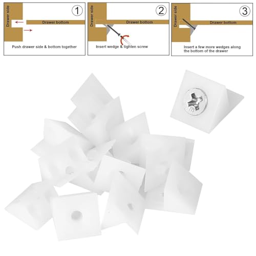 60 Pcs Drawer Wedges with Screws Drawer Bottom Support Brackets Fixing Mending Wedges 90 Degree Plastic Angle Code Bracket Fasteners Drawer Reinforcement Repair Kit for Furniture Sagging Drawer