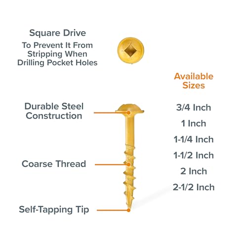 Bora Pocket Hole Screws 1-1/4 in Coarse Thread 500 Pack - size: 1-1/4 inch (500 Piece), style: Coarse Thread