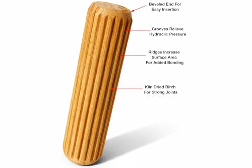 Birch Dowel Pins 1/4" x 1-1/8", Fluted Wood Dowels, 200 Pack Tech Team