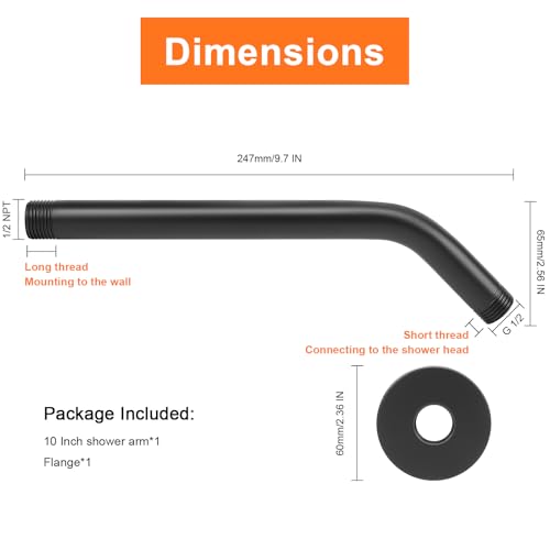 Shower Arm with Flange and Teflon Tape, Wall Mounted Shower Pipe 304 Stainless Steel Extension Arm for Fixed Shower Head & Handheld (10 Inch, Matte Black) - color: Matte Black, style: 10 Inch