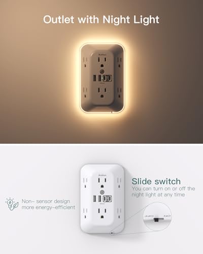 Addtam Surge Protector, 6 Outlet Extender with Night Light and 4 USB Ports | Multi Plug Wall Outlet, Electrical Outlet Splitter, 3-Sided 1800J Power Strip for Home/Dorm/RV, All-in-one, Easy to Install