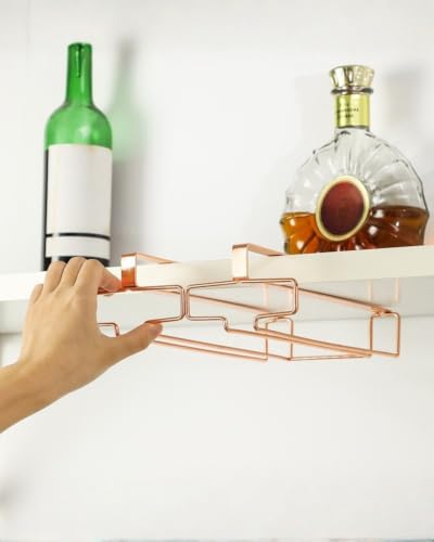 LINFIDITE 2 Pack Under Cabinet Wine Glass Rack Rose Gold Wine Glass Holder Stemware Rack Hanger Kitchen Hanging Storage Rack Organizer (For Partition Thickness under 0.98") - color: Rose Gold, size: Shelf Thickness Under 0.98in