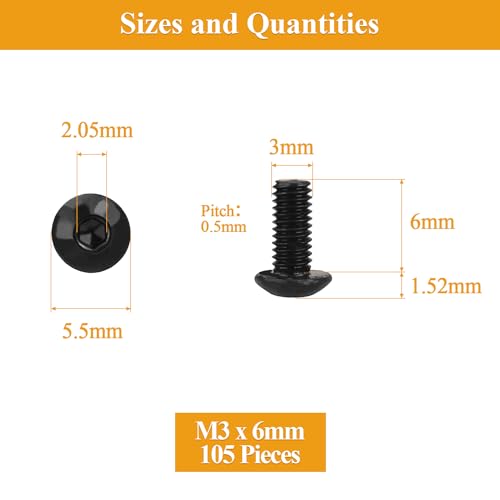 105 Pieces M3 x 6mm Button Head Socket Cap Screws, Thread Pitch 0.5mm, Sutemribor M3 Black Screws, 10.9 Grade Alloy Steel, Black Oxide Finish, Fully Threaded - size: M3 x 6mm, style: Button Head