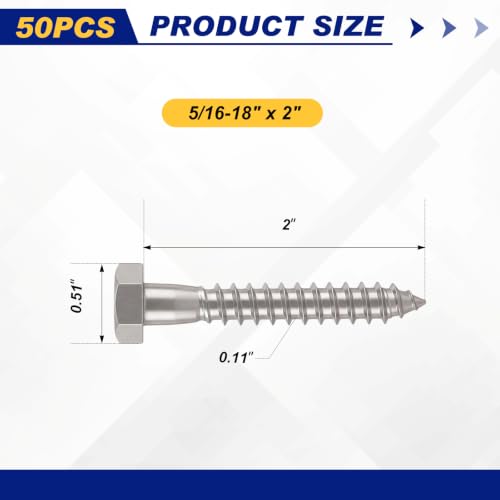 Zonon 50 Pcs 5/16-18 x 2" Hex Head Lag Bolts Screws with Washers, Silver - color: Silver, size: 5/16-18 x 2"