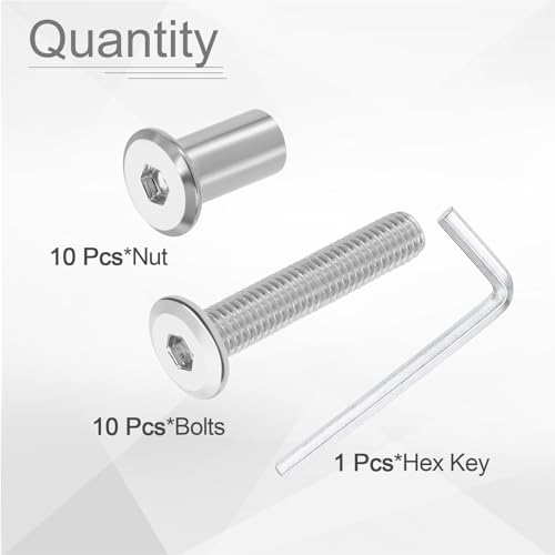 HARFINGTON 10 Set M8x50mm Hex Drive Socket Cap Bolt and M8x18mm Nuts with M5 Hex Wrench, Furniture Connector Bolts and Screws for Furniture Countersunk Belt, Silver - size: M8x50mm, M8x18mm