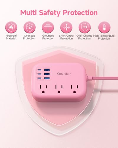 Beeiker 6 USB (3 USB C) Pink Power Strip, 5Ft Extension Cord, 3 Outlets - size: Pink-6 USB 24W-5ft