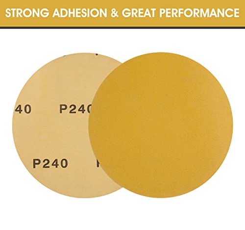 S SATC Premium Gold Sandpaper 6 Inch 100 PCS Sanding Discs 240 Grit Self Adhesive Stickyback Sandpaper Roll Aluminum Oxide PSA Sandpaper Discs for Wood, Metal, and Car Paint - style: 240 Grit