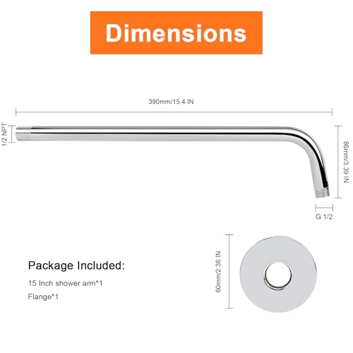 Shower Arm with Flange and Teflon Tape, Wall Mounted Shower Pipe 304 Stainless Steel Extension Arm for Fixed Shower Head & Handheld (15 Inch, Chrome) - color: Chrome, style: 15 Inch