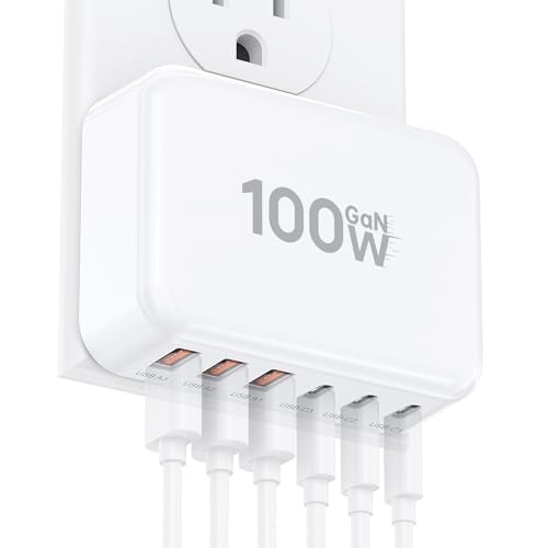Fast Charger Block, 100W Max Output 6-Port USB C Charging Station Hub Cube - color: White