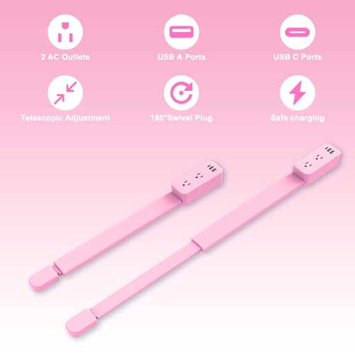 Electrical Outlet Extender Stick - Features USB-A, USB-C and 2 AC Outlets, Extends 22"-34", Rotates 180° Access Hard-to-Reach Outlets, Wall Plug Power Socket Expander Nightstands, Sofa, Desks and More - color: Pink