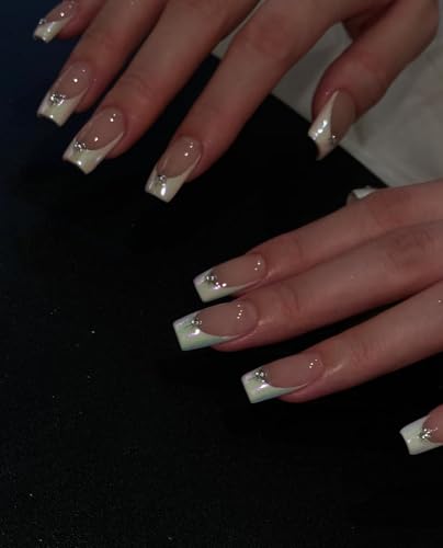 CurvLife Long French Tip Press On Nails, Pearl Rhinestones, Soft Gel - color: Pearl French Rhinestones