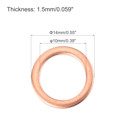 MECCANIXITY 52 Pcs Flat Copper Washers, 10x14x1.5mm Copper Upgraded Flat Metric Sealing Crush Ring Washers for Hydraulic Fittings Screw Bolt Nut Electronic Repair - size: 10x14x1.5mm