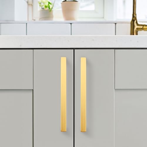 KNOBWELL 6Pack 6-3/10 Inch Brushed Gold Cabinet Pulls Stainless Steel Kitchen Cabinet Handles Square Drawer Pulls Modern Cabinet Hardware Handles，160mm Hole Centers - color: Brushed Gold, size: Hole Center:6-3/10 inch(160mm)