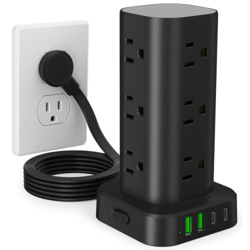 6FT Power Strip Tower Surge Protector, 12 Wide Spaced Outlets, 4 USB - color: Black, size: 6FT without Wireless Charging
