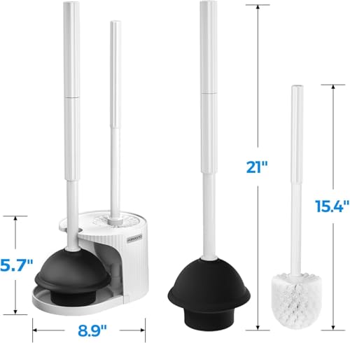FORASTO 2Pack 2 in 1 Toilet Brush and Plunger Set,Clean Gloves, Extended Handle Plunger，Toilet Bowl Brush Plunger Set,Bathroom Cleaning Tools,Toilet Brush Plunger Combo,Cleaning Brush(Cream White) | 21" Extended, Cleaning Gloves, Heavy Duty Rubber Toilet