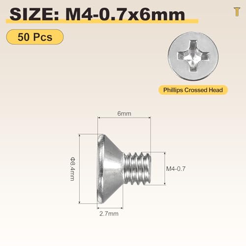 METALLIXITY M4-0.7x6mm Phillips Flat Head Bolts 304 Silver 50Pcs - color: Silver, size: M4-0.7x6mm