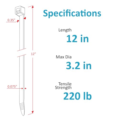 Zip Ties Heavy Duty 12 inch (500 Pack), Heavy Duty Cable Ties with 220 lb Tensile Strength for Outdoor Use, Black Wire Ties by ANOSON - size: 12"/500 Pack (220 Lb)