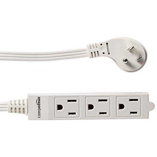 Amazon Basics 3-Prong Indoor Rectangle Extension Cord Power Strip, Flat Plug, Space-Saving, Grounded, 3 Outlets, 13 Amps, 125 VAC, 3 ft, White, 2-Pack - size: 3 ft