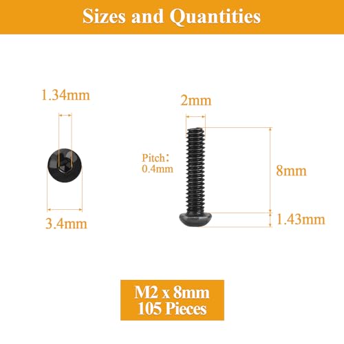 105 Pieces M2 x 8mm Button Head Socket Cap Screws, Thread Pitch 0.4mm, Sutemribor M2 Black Screws, 10.9 Grade Alloy Steel, Black Oxide Finish, Fully Threaded - size: M2 x 8mm, style: Button Head