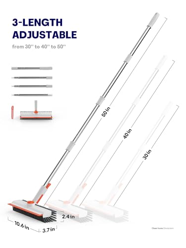 Floor Scrub Brush with Long Handle, 3 in 1 Deck Brush with Squeegee - color: Orange and White