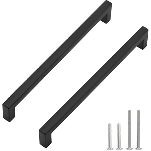 Cabinet Pulls Matte Black Cabinet Handles Square Drawer Pulls, 5 Pack 10 Inch Stainless Steel Kitchen Door Cupboard Handles, 256mm Hole Centers - size: 10 inch Hole Centers(256mm)