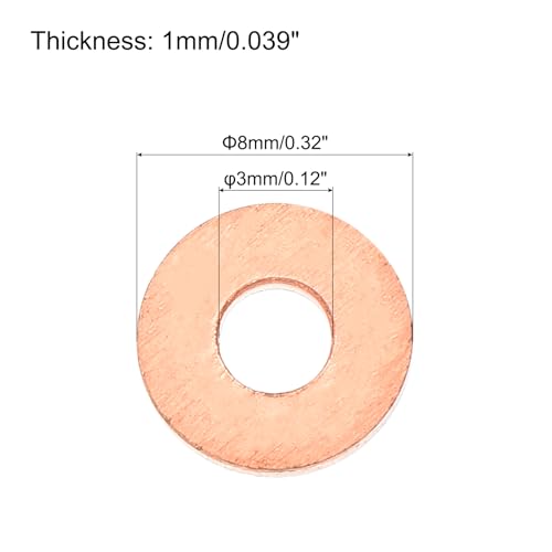 MECCANIXITY 52 Pcs Flat Copper Washers, 3x8x1mm Copper Upgraded Flat Metric Sealing Crush Ring Washers for Hydraulic Fittings Screw Bolt Nut Electronic Repair - size: 3x8x1mm