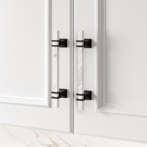 Haliwu 10 Pack 5 Inch White Marble Cabinet Pulls Zinc Black Kitchen Handles - color: White Marble & Black, size: Hole Center Spacing：128mm (5-1/16 inch)