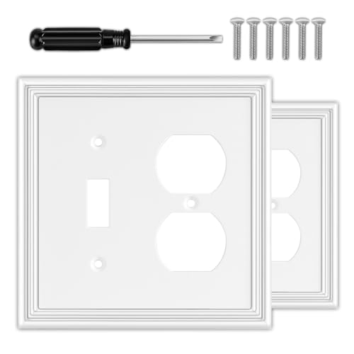 OKAYZIP White Decorative Combination 2 Gang Toggle/Outlet Covers Wall Plate | Natural Material Switch Plate Outlet Covers - 2 Pack Modern Style 1 Duplex/1 Toggle Light Switch Covers - size: 1 Toggle/1 Duplex 2 Pack