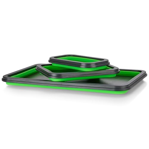 Collapsible Magnetic Parts Tray Set - 3 Different Size Tool Trays - Green - color: Green