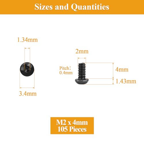 105 Pieces M2 x 4mm Button Head Socket Cap Screws, Thread Pitch 0.4mm, Sutemribor M2 Black Screws, 10.9 Grade Alloy Steel, Black Oxide Finish, Fully Threaded - size: M2 x 4mm, style: Button Head
