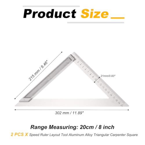 HARFINGTON 2Pcs Rafter Square 8" Imperial Aluminum Alloy Carpenter Measuring Layout Tool Metal Triangle Ruler Protractor for Woodworking and Carpentry - size: 8"