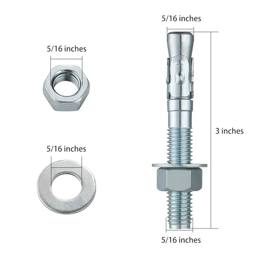 Wensilon 5/16x3" 10Pcs Inch Standard Fasteners for Heavy-Duty Zinc Wedge Anchors for Cement and Concrete - size: 5/16x3"